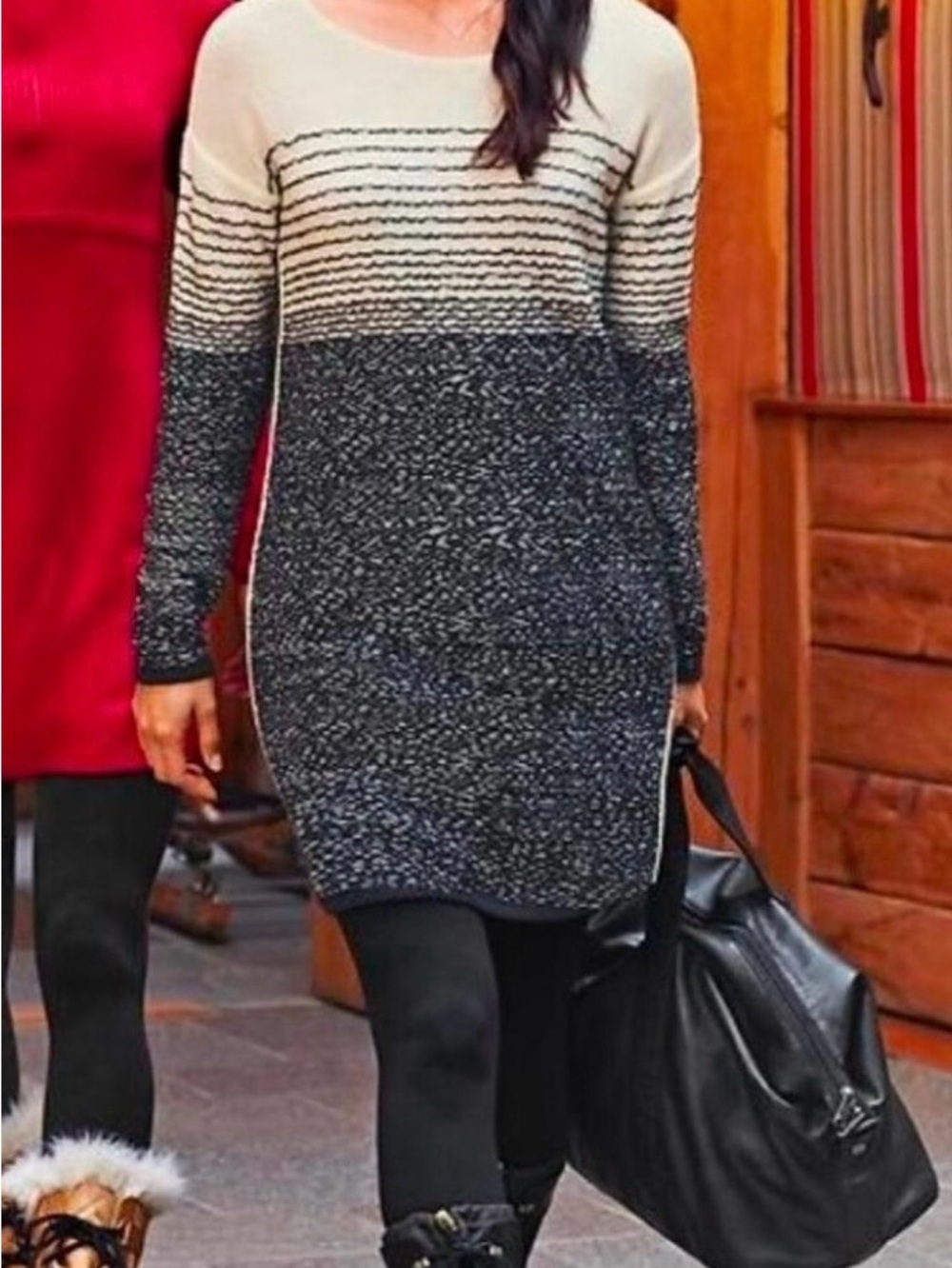 Athleta Ombré Stripe Knit Sweater Dress in Cream and Black